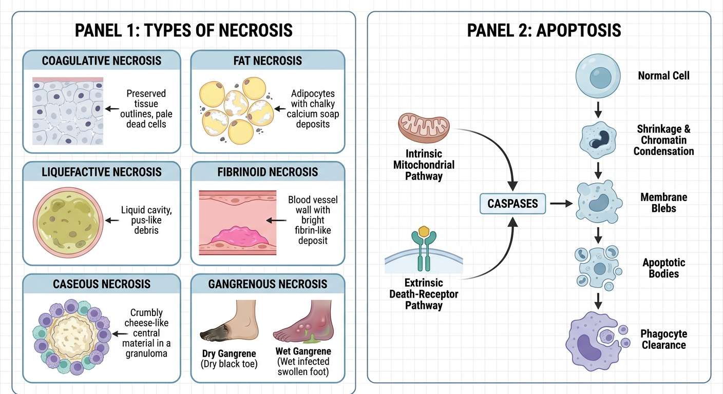 Simple diagrams of necrosis types and apoptosis