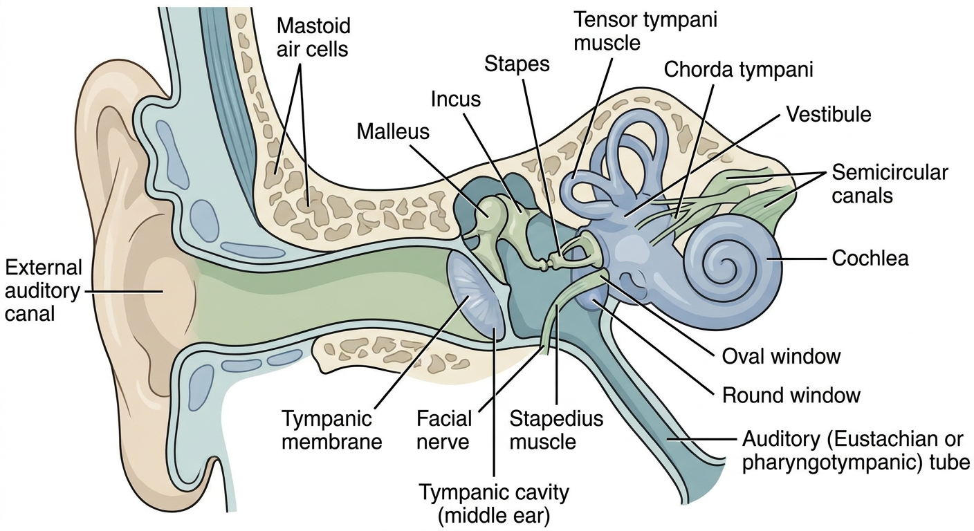 Labeled cross-sectional anatomy diagram of the middle ear