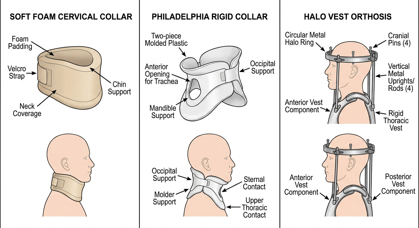 Cervical Orthosis Diagram — Soft Collar, Philadelphia Collar, and Halo Vest